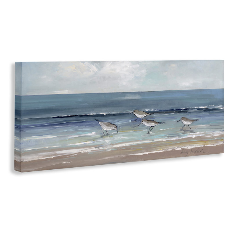 Sandpipers Birds Cloudy Sky Beach Shore par Sally Swatland - Peinture, H 17 po x l 40 po