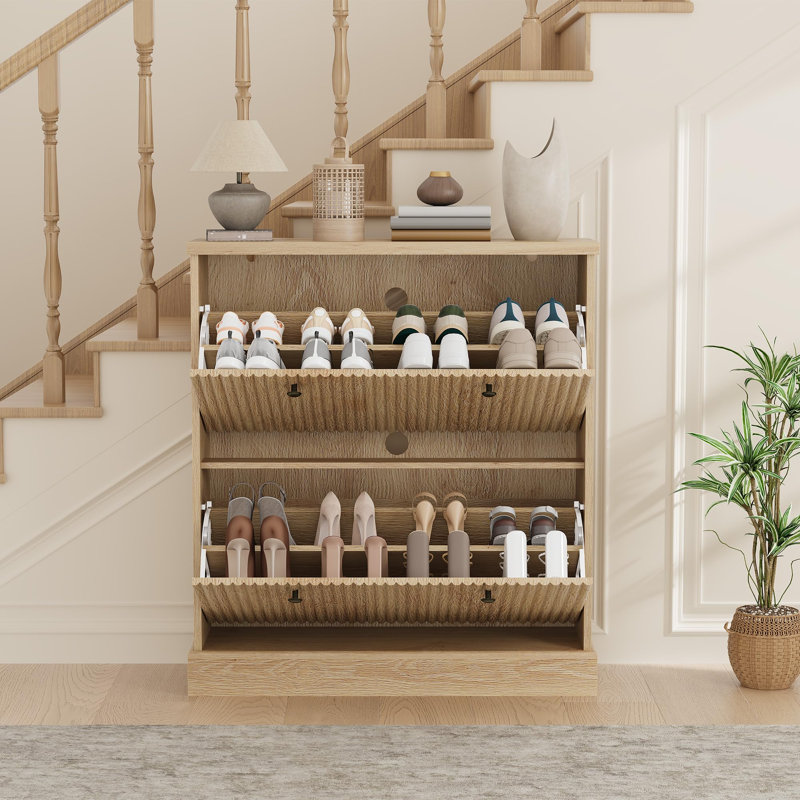 12 Pair Flip Down Shoe Storage, 90.5 cm H x 80.1 cm W x 25.4 cm D, Natural Wood