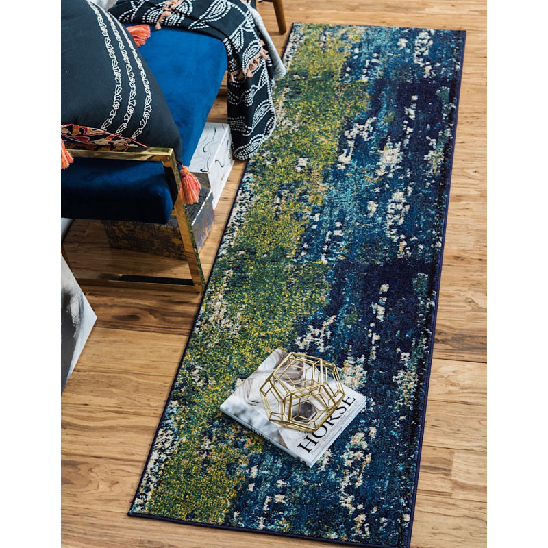 Tapis bleu marine à motif géométrique shirey, Tapis de couloir 2 pi 2 po x 6 pi 7 po