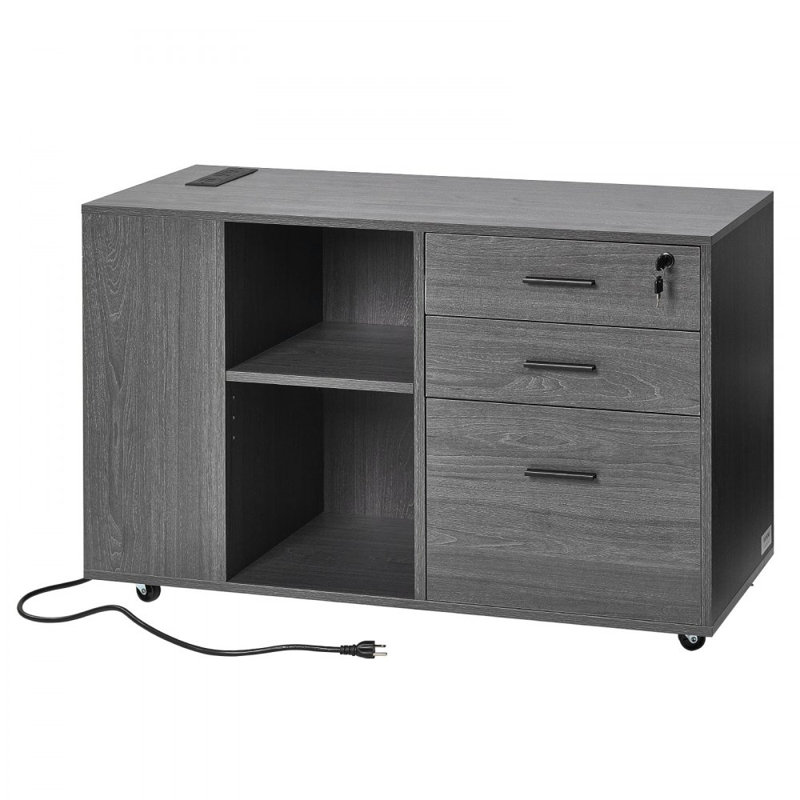 Classeur mobile 3 tiroirs en bois avec multiprise gris