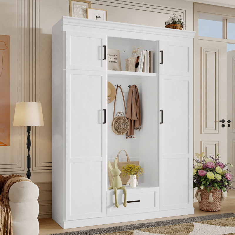 85.2"H Hall Tree with Bench and 3 Hooks,4 Doors, 1 Drawer and Adjustable Shelves, White
