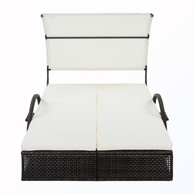 Outdoor Double Lounger Chairs With Adjustable Backrest And Hidden Side Table And Curved Sunshade Canopy