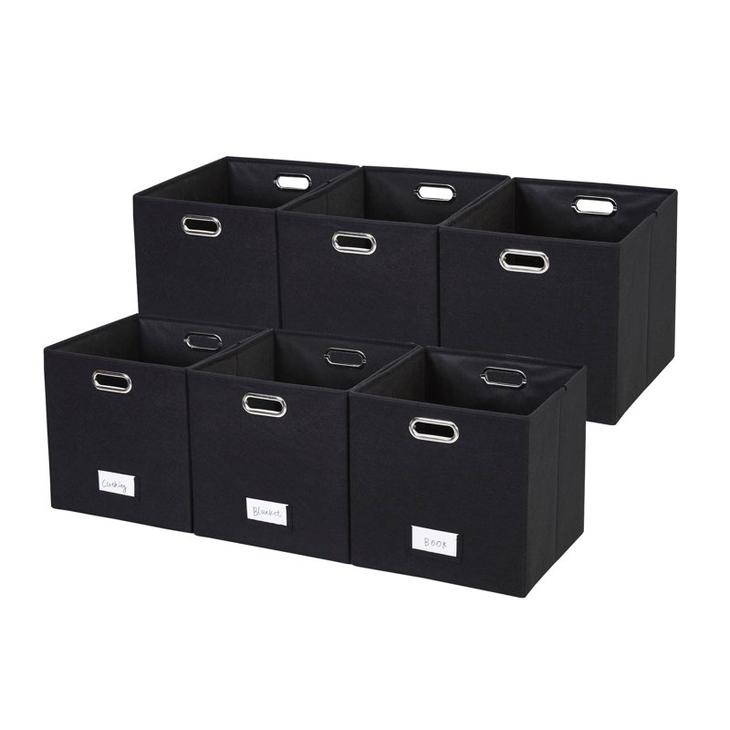 Bac de rangement pliable avec porte-étiquette et poignées en métal, Noir, 23 pte