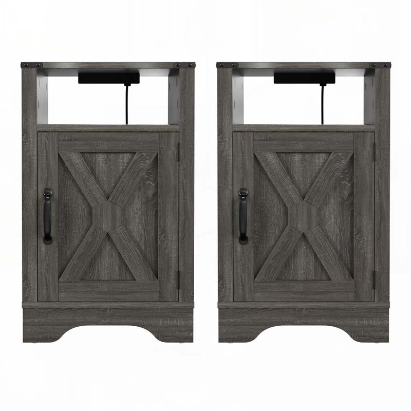 Table d'appoint Farmhouse, table de bout rustique en bois, table d'appoint avec prise de courant (2 ensembles) - gris foncé