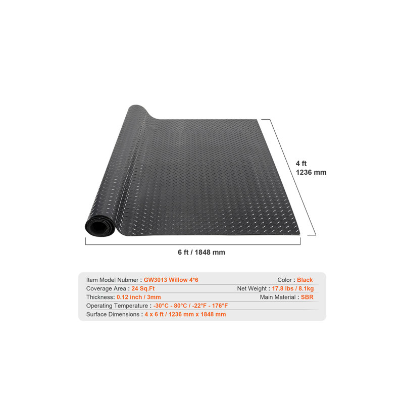 Diamond-Plate Rubber Flooring Roll, 3 Mm X 4 Ft X 6 Ft Garage Floor Mat, SBR Rubber Garage Flooring Roll, Easy To Clean, Diamond Plate Rubber Mat For Under Cars, Garage Industry Gym, Black