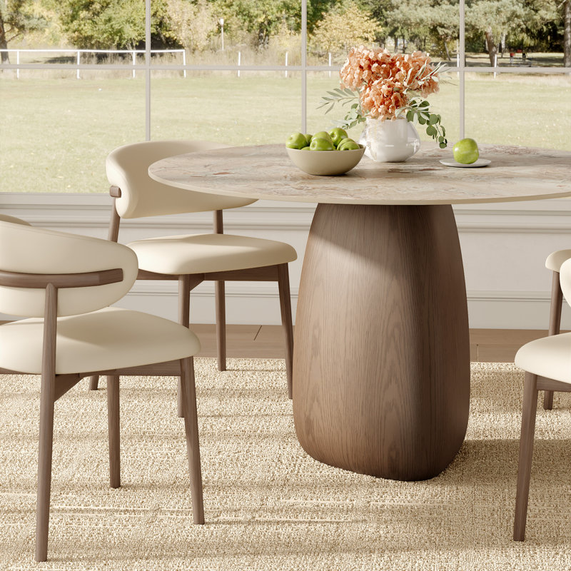 Table de cuisine/salle à manger/petit-déjeuner 109 cm (43 po) pour 2 à 6 personnes, avec imitation marbre et piètement triangulaire épais, fini noyer foncé