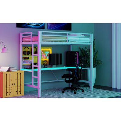 Lit de jeu noir pleine grandeur avec bureau et DEL - Métal stable, à utiliser de façon créative à des fins éducatives, facile à installer, sans bureau à ressorts, se fixe et se transforme en un espace de détente