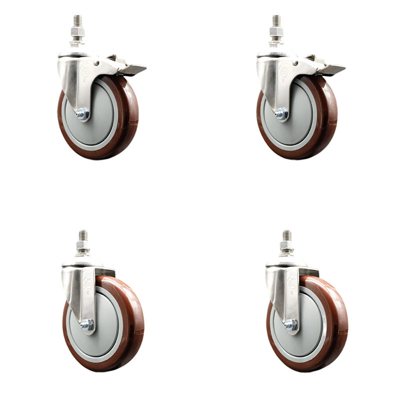 5 Inch 316SS Maroon Polyurethane ½ Inch Threaded Stem Caster Set 2 Lock Brake