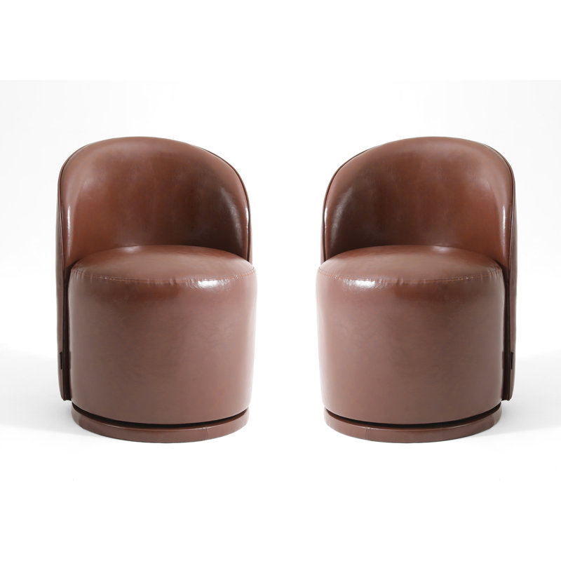 PU Leather Barrel Swivel Armless Dining Chair, Red Brown 