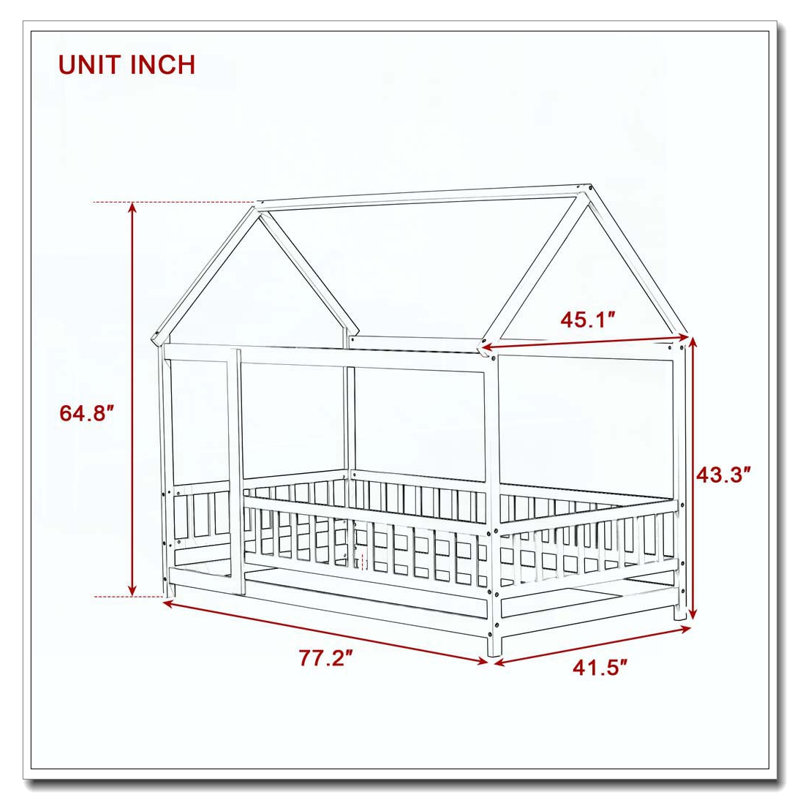 Twin Size House Floor Wooden Bed with Roof Frame,Safety Guardrails, Twin, White