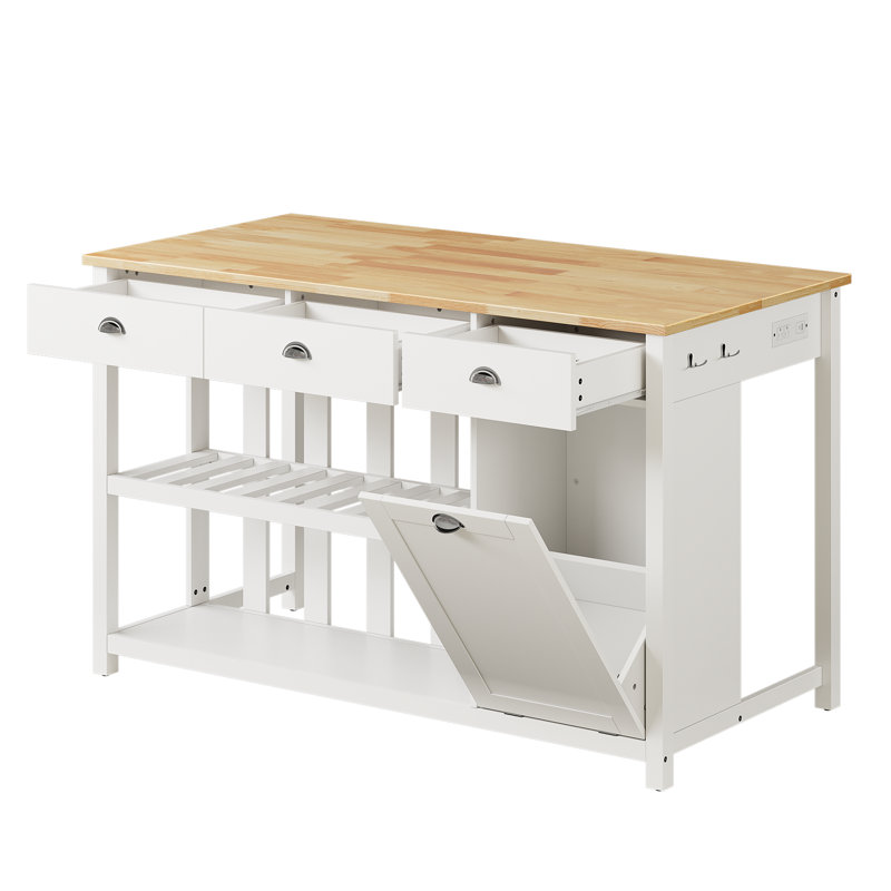 59" Kitchen Island With Solid Storage Shelves & Tabletop, Storage Island With Power Outlet, Trash Cabinet And 3 Large Drawers For Kitchen, Dinning Room