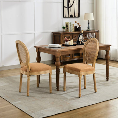 De 2 chaises de salle à manger de style français brun clair, structure en bois massif avec peinture antique, lin et combinaison, intérieur en mousse à ressorts en acier pour le confort, profondeur de 23,55 po, largeur de 19,35 po, hauteur de 36,6 po, peinture en bois d'hévéa