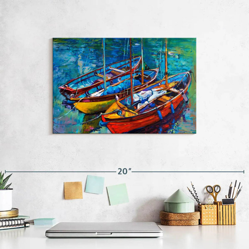 " Three Moored Boats ", 8" H x 12" W x 1" D