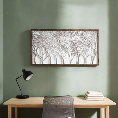 Impression panoramique encadrée sous verre avec cadre brun chaud et silhouette d'arbre gris ombré, 39,4 x 19,7 pouces