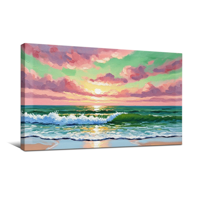Nautique et plage, océan, coucher de soleil, vagues, ciel, nuages, plage, soleil, couleurs, H 16 po x l 32 po