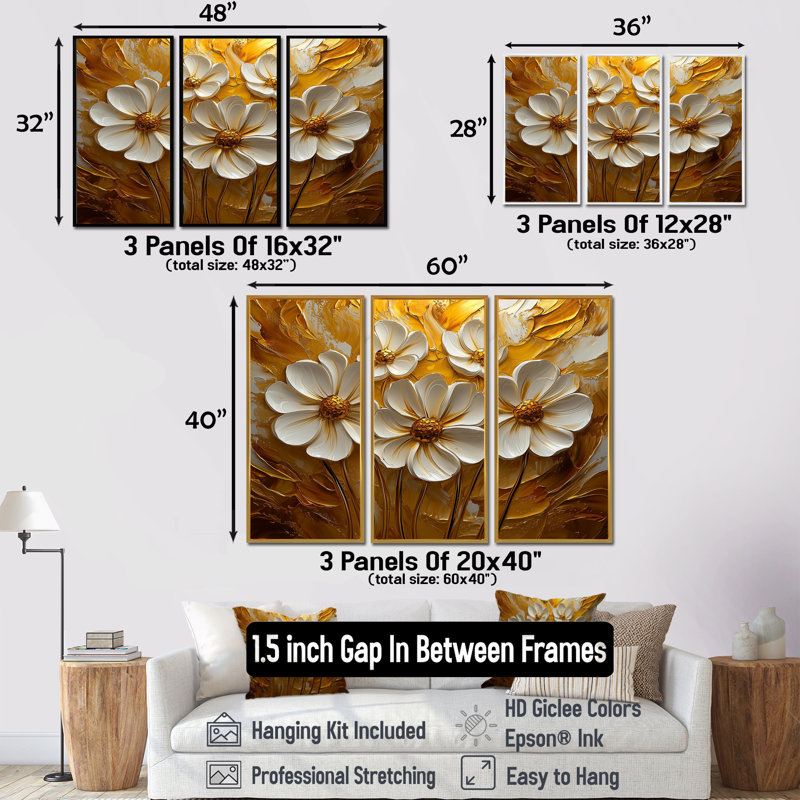 Fleurs blanches et dorées, Wildflowers I - ensemble de 3 fleurs sauvages, H 28 po x l 36 po, Brun