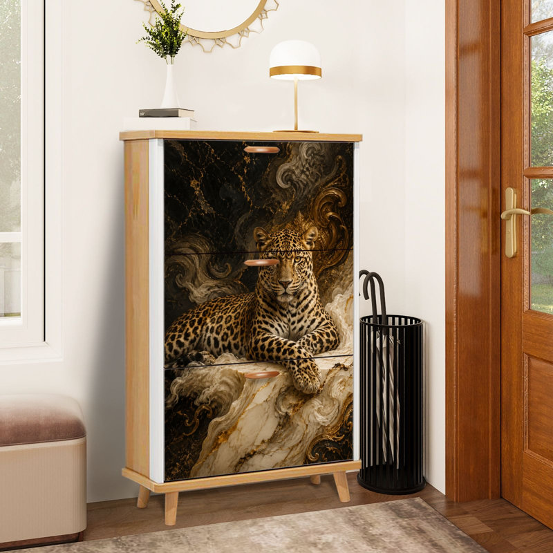 Meuble à chaussures à 3 tiroirs rabattables, motif léopard majestueux, élégant motif tourbillonnant en marbre, étagère à chaussures étroite et discrète en bois, idéale pour entrée, couloir, hall d'entrée, dressing ou petit espace en appartement.