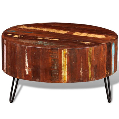 vidaXL Coffee Table, Round Center Table, Solid Reclaimed Wood, Iron Legs, Fully Handmade, Multicolor, Living Room, 27.6" Diameter x 15.0"