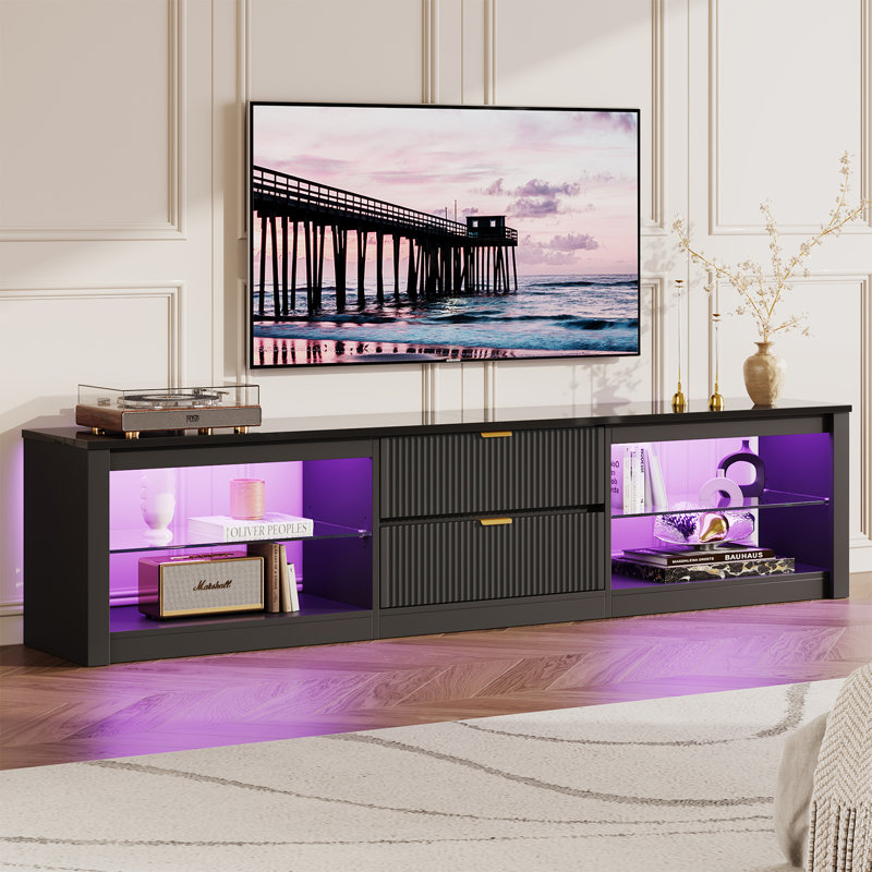 203cm TV Stand for TVs up to 85", High Gloss Fluted Entertainment Center with LED Lights and 2 Drawers, Black