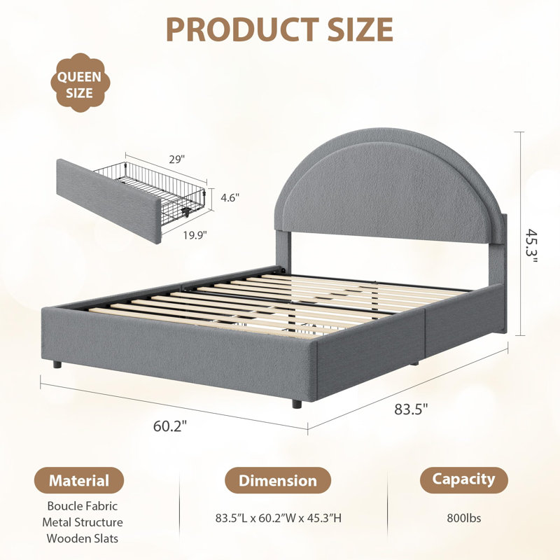Base de lit tapissier grand format avec tête de lit ronde et 2 tiroirs de rangement, lattes en bois, silencieux, sans sommier tapissier, gris