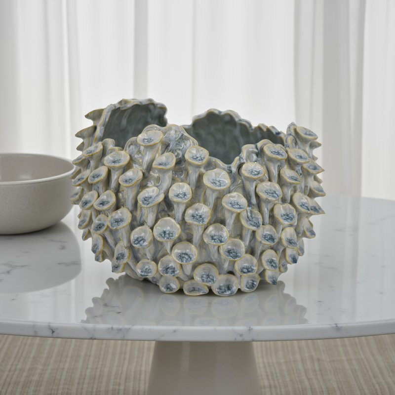 Nina Decorative Bowl, Textured Coral Ceramic, 11 Inch, Blue/Gray