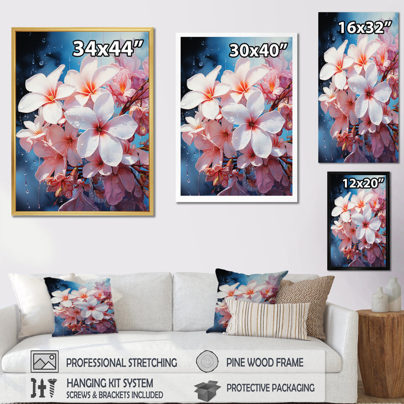 «Pink Fragrant Plumeria Serenade», reproduction d'art sur toile, Cadre flottant noir, H 20 po x l 12 po x P 1 po