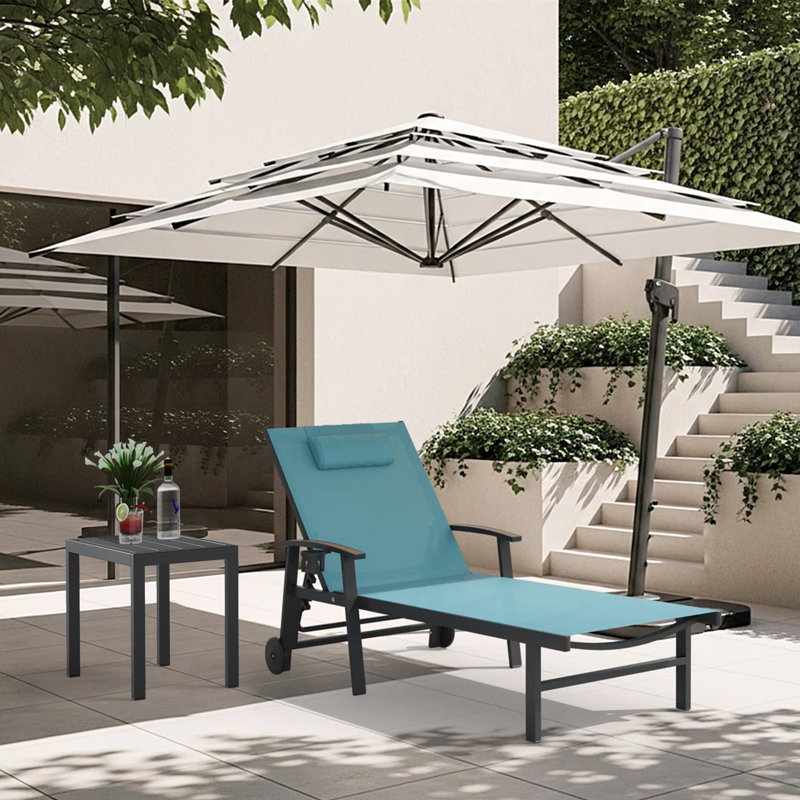 Chaise longue d'extérieur ajustable pour terrasse avec roulettes et accoudoirs, Bleu lac