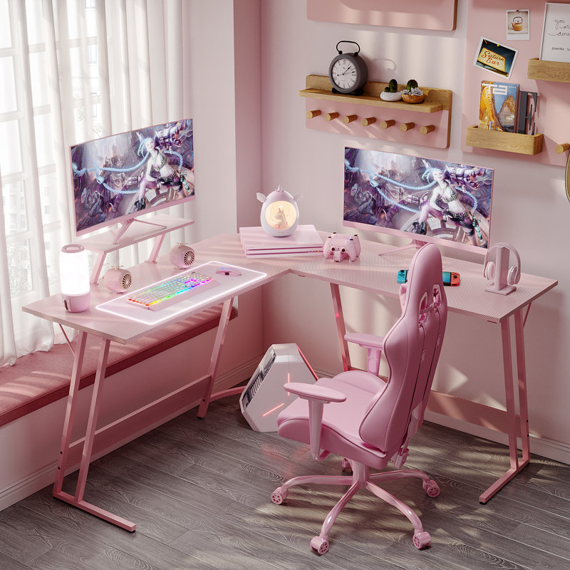Bureau d'ordinateur en forme de L avec grand support pour écran Sherri, Rose, H 29 po x l 51 po x P 20 po
