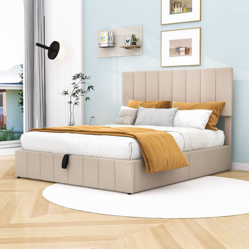 Lit plateforme, cadre de lit en bois avec système de rangement hydraulique, Grand, Beige