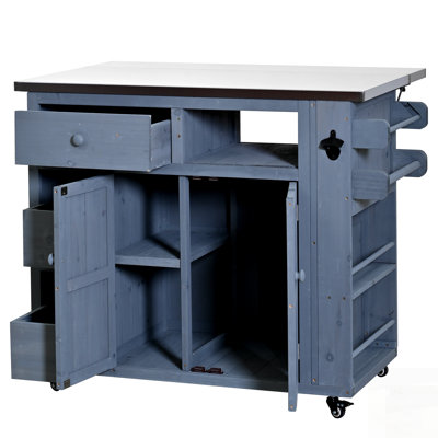 Durable Solid Wood Extendable Kitchen Island With Stainless Steel Top, Spacious Storage, And Versatile Accessories For Indoor And Outdoor Use