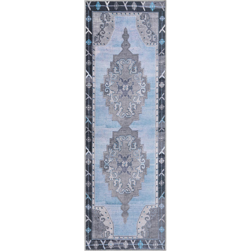 Tapis traditionnel de couleur gris-bleu, Tapis de couloir 2 pi x 6 pi