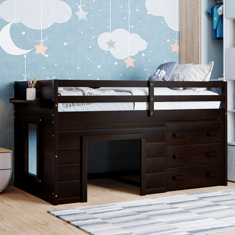 Lit mezzanine Safe Safe avec armoire de rangement fonctionnelle et tablette - coloré - et polyvalent, Espresso