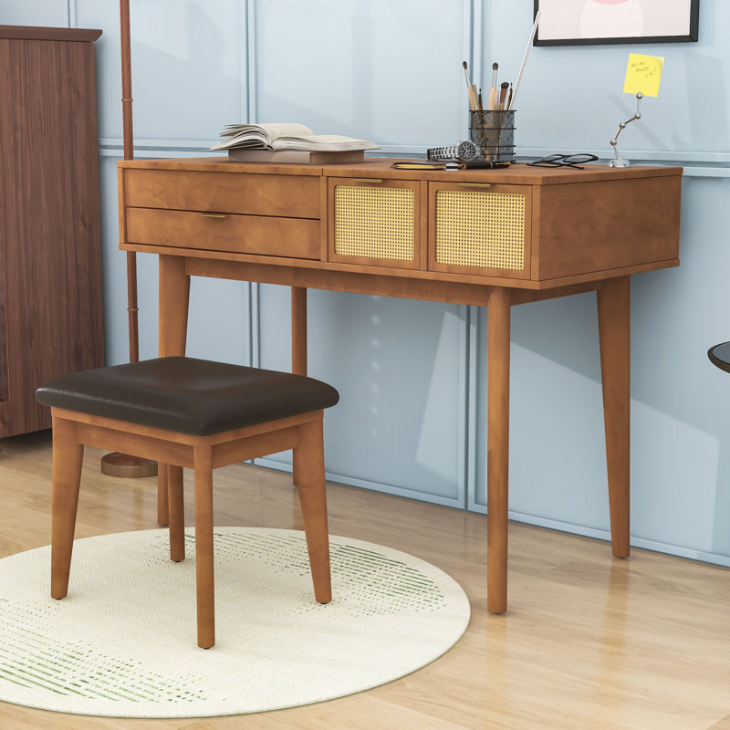Makeup Vanity Set with Flip‑Top Mirror, Upholstered Stool, Drawers and Rattan Details