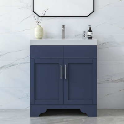Meuble-lavabo autoportant à lavabo simple de 76 cm (30 po) en bleu marine avec comptoir en quartz blanc de Carrare