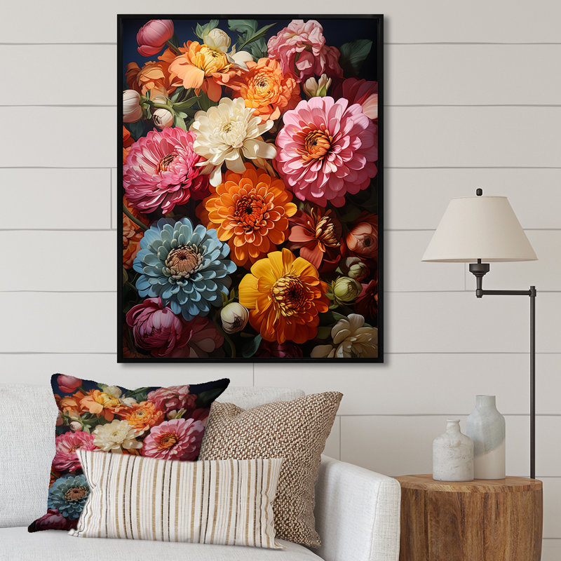 Beautiful Pastel Zinnias Blooms II - Flower Wall Art, Black Floater Framed, 44" H x 34" W x 1.5" D
