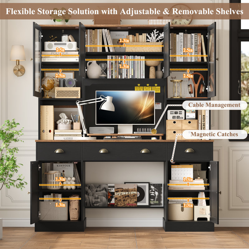 63'' W x 74.8'' H 3-Drawer Computer Desk with Hutch, Brown/Black