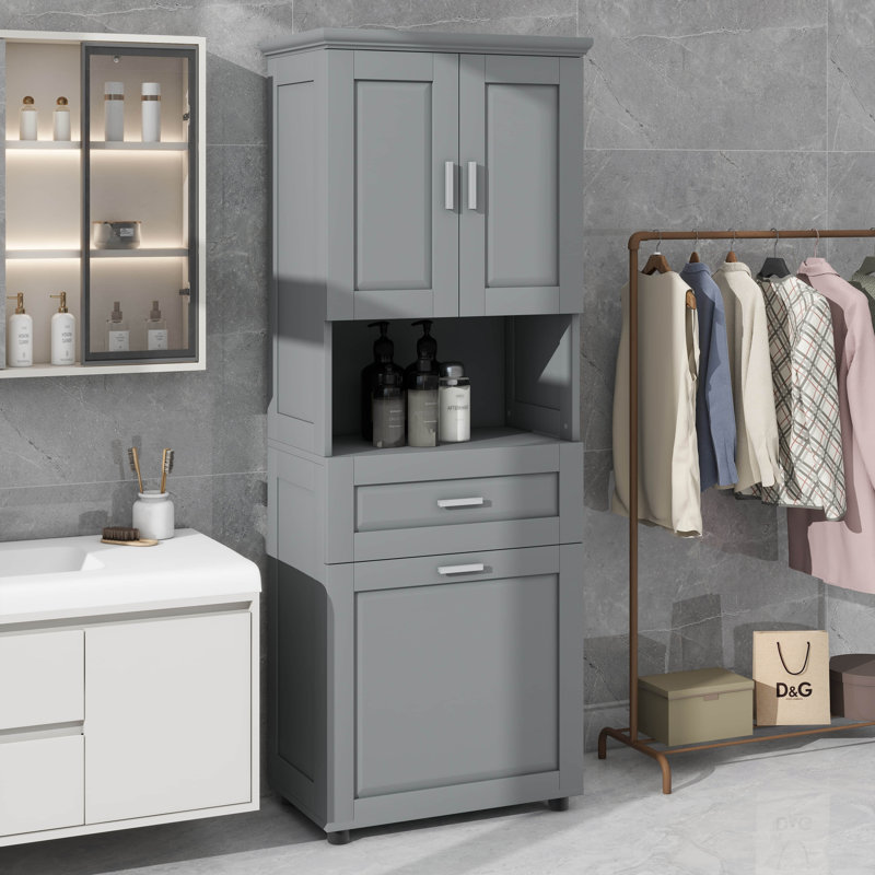 High Bathroom Cabinet With Laundry Hamper Doors And Open Storage Upper Cabinet For Bathroom, Gray