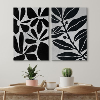 Abstrait botanique abstrait noir imprimé floral botanique minimaliste, art moderne de ferme, décoration murale sur toile, 2 pièces