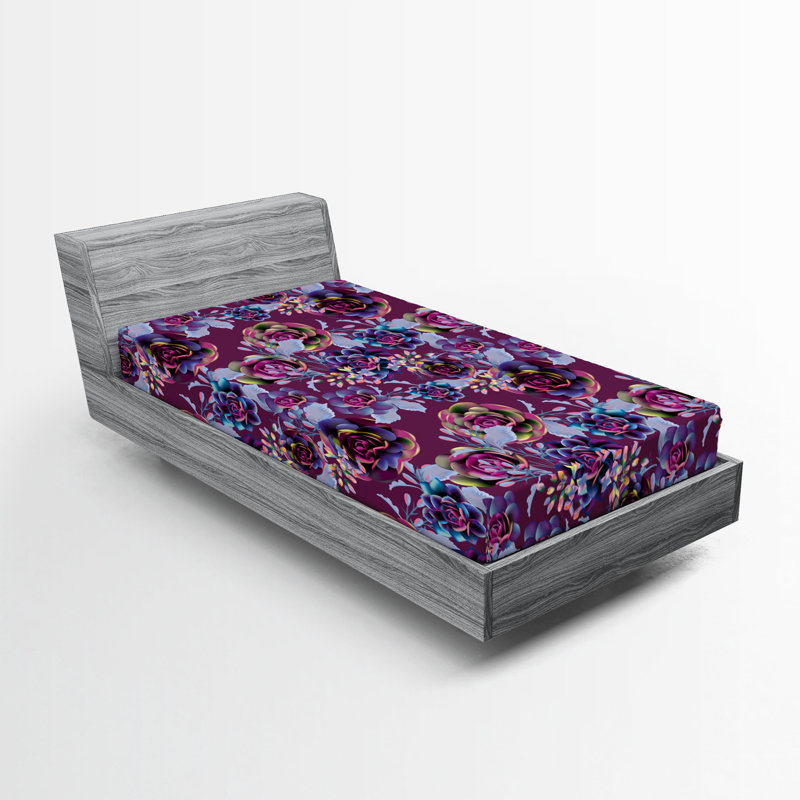 Drap-housse Ambesonne, Drap-housse de taille simple, Magenta foncé, bleu ciel, bleu / floral