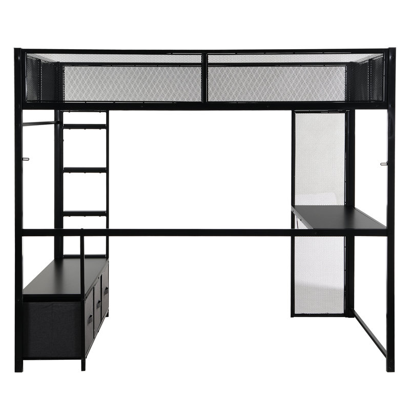 Lit mezzanine de jeu noir en métal pleine grandeur avec rangement à DEL, bureau, garde-robe ouverte et 3 tiroirs pour le rangement des nécessités quotidiennes