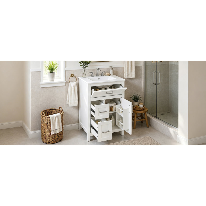 Meuble-lavabo de 61 cm (24 pouces) avec lavabo en céramique, tiroir rabattable, 2 tiroirs à fermeture amortie, rangement sur la porte et tablette réglable.