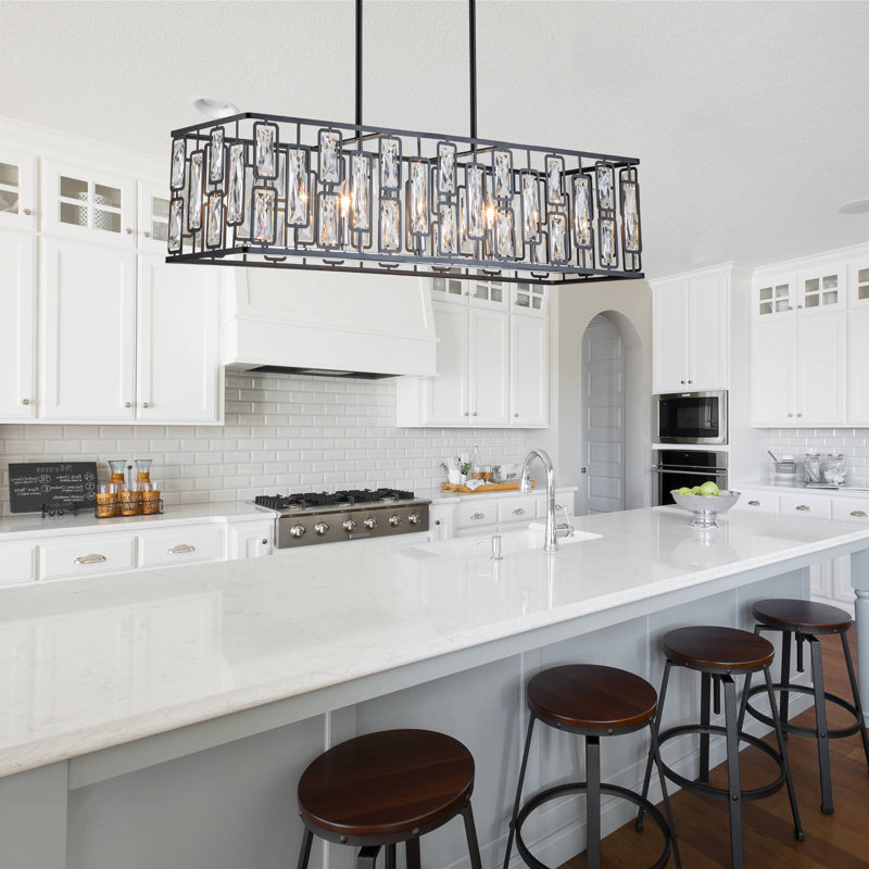 Luminaire suspendu 5 lumières pour îlot de cuisine, cristaux rectangulaires avec cadre noir