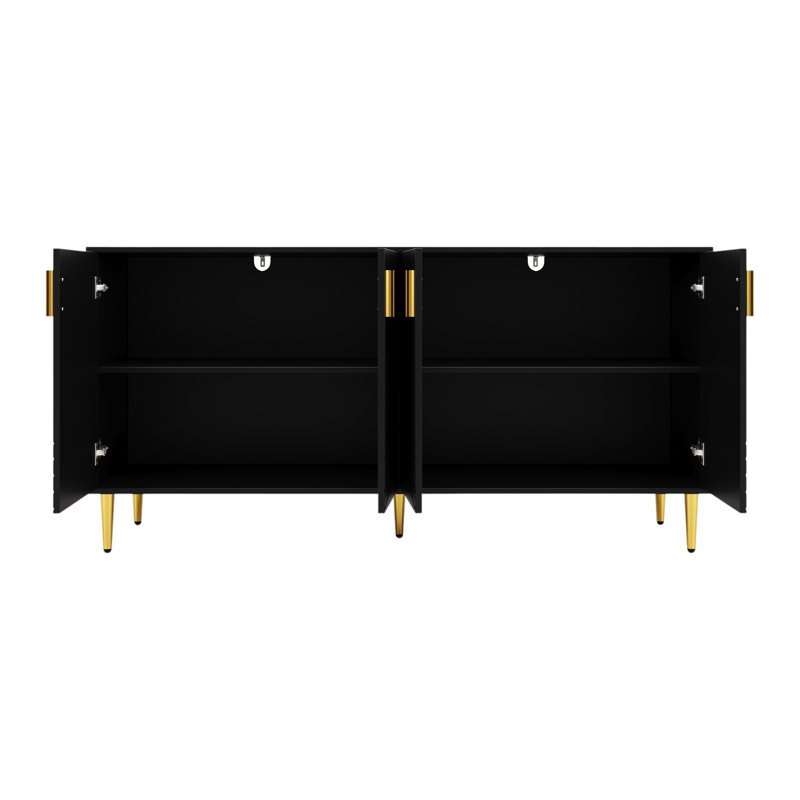 Sideboard With Unique Wave Design And Golden Handles And Feet, Black