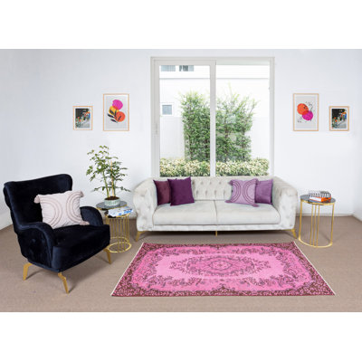 Tapis turc contemporain noué à la main 4 x 7,2 pi à motif de médaillon rose