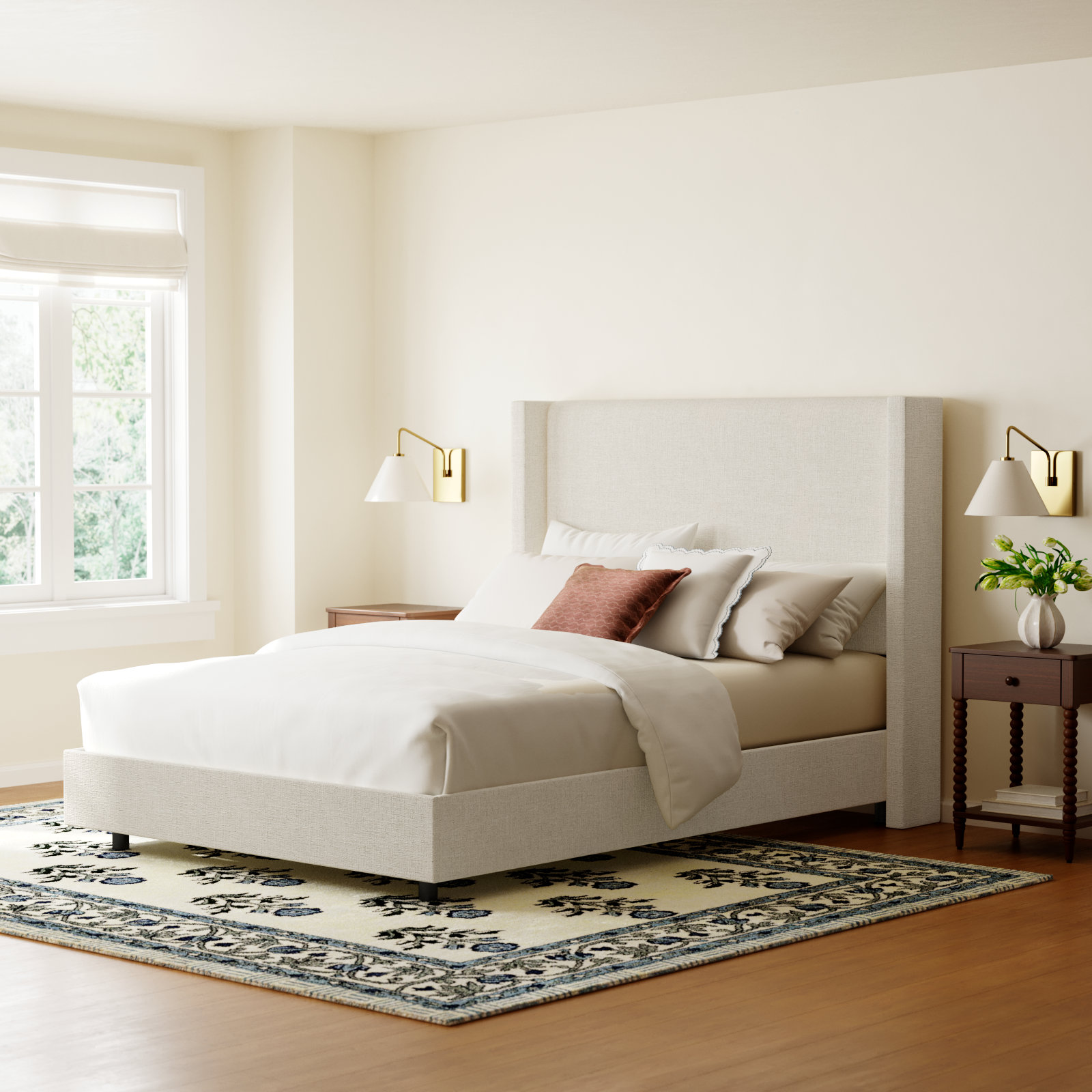 Hanson Upholstered Wingback Bed, Classic Talc Linen, Queen