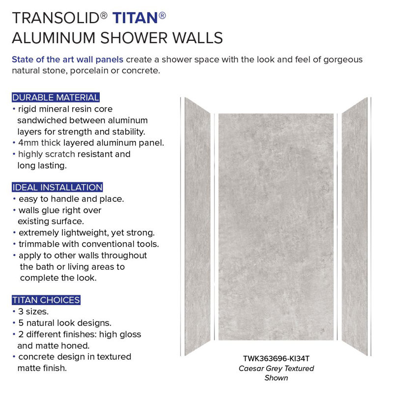 Ensemble de mur de douche Transolid Titan, H 96 po x l 36 po x P 36 po, Gris Caesar texturé