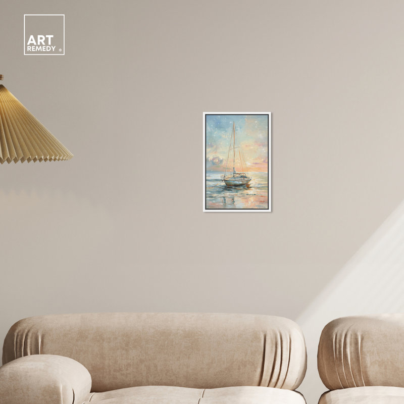 Serene Sunset Sailboat Canvas Print with White Frame