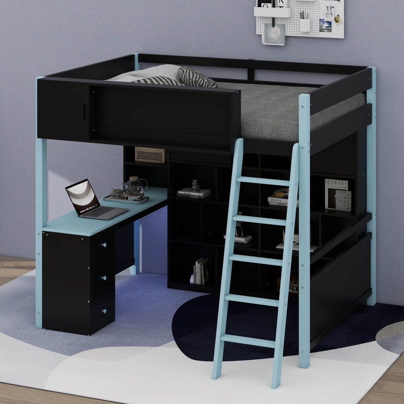 Lit mezzanine double en bois avec bureau et tiroirs, lit mezzanine pour jouer avec espace de rangement et lumière, Bleu