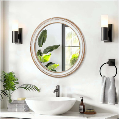 Round Wall Mirror For Bathroom Vanity, Wooden Farmhouse Circle Mirrors For Bedroom, Entryway, Living Room, Kithen  Edge Decorative Mirror For Home, Office