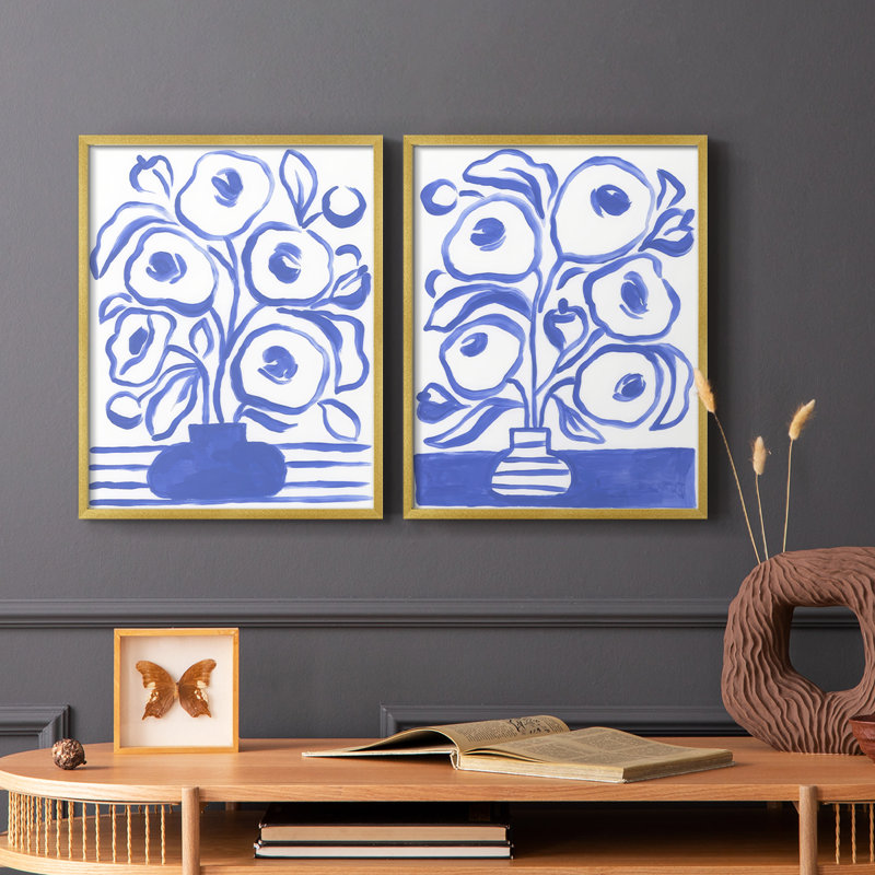 «Blue Brush Flowers I», reproduction encadrée de qualité supérieure - prête à être accrochée - aucun clou requis - aucun clou requis